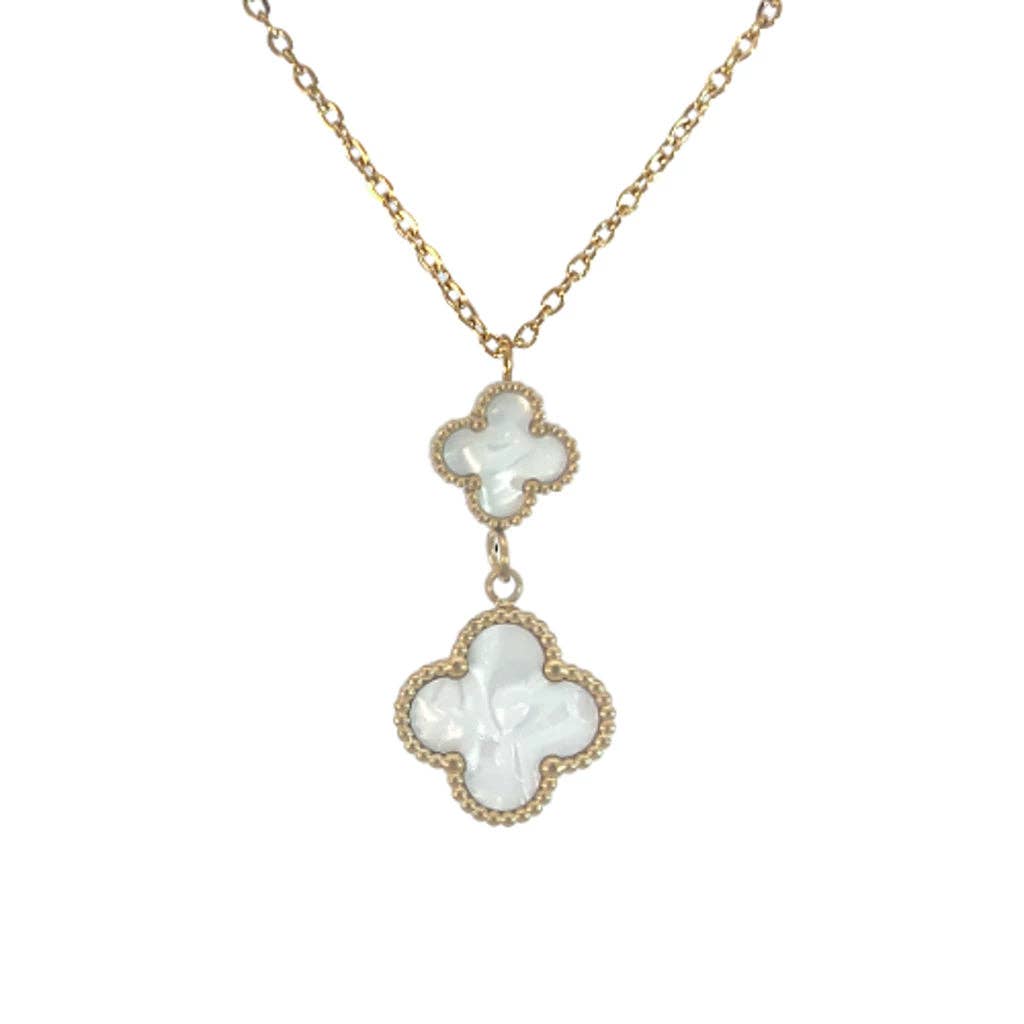 Double Drop White Four Leaf Clover Pendant Necklace