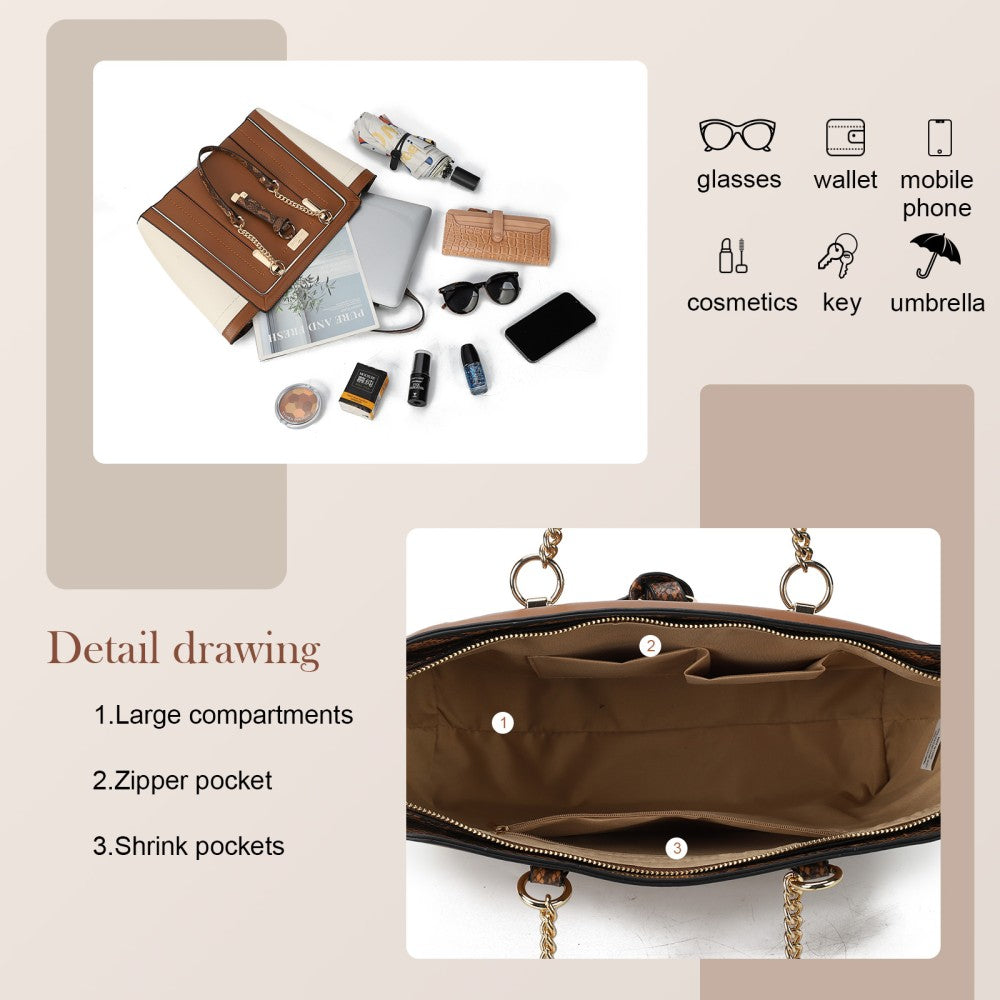 SY2217-BROWN - Women's new fashion snake print colour matching handbag without purse