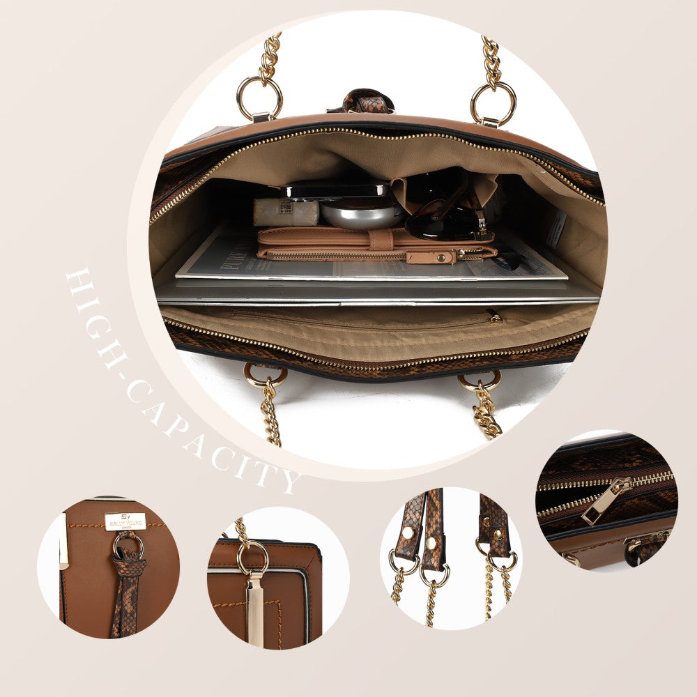 SY2217-BROWN - Women's new fashion snake print colour matching handbag without purse