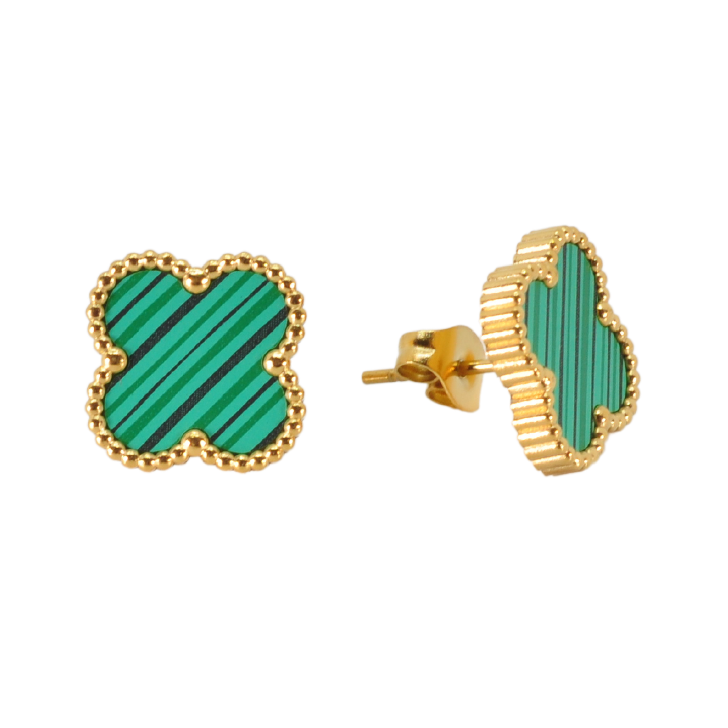 Green Four Leaf Clover Stud Earrings, 18K Gold Plated