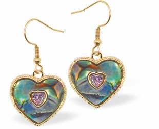 Paua Shell Heart in Heart Drop Earrings,Golden Framed