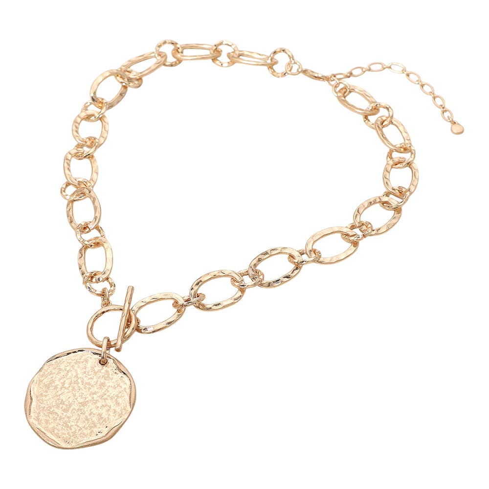 Textured Disc Pendant Chunky Link Chain Necklace