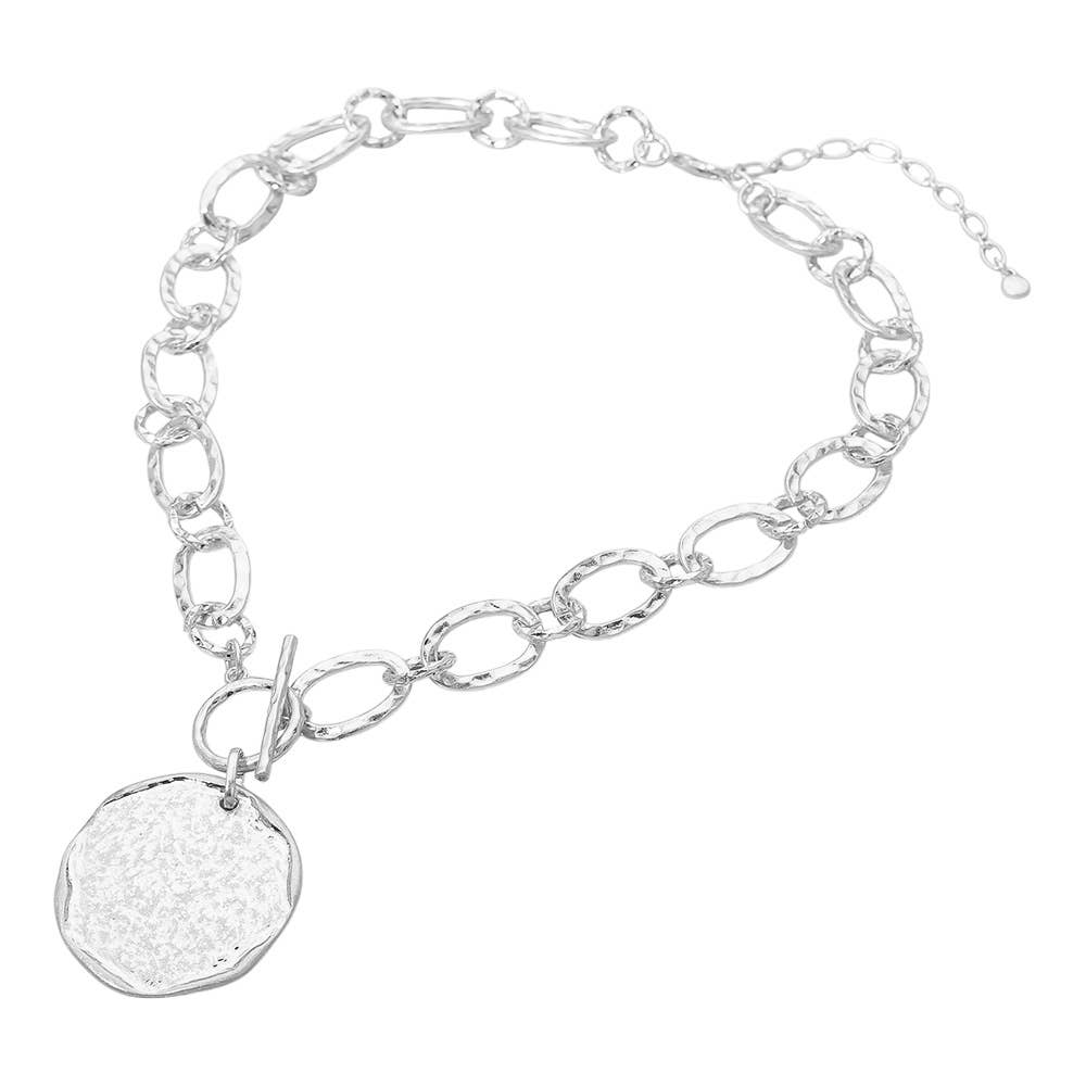 Textured Disc Pendant Chunky Link Chain Necklace