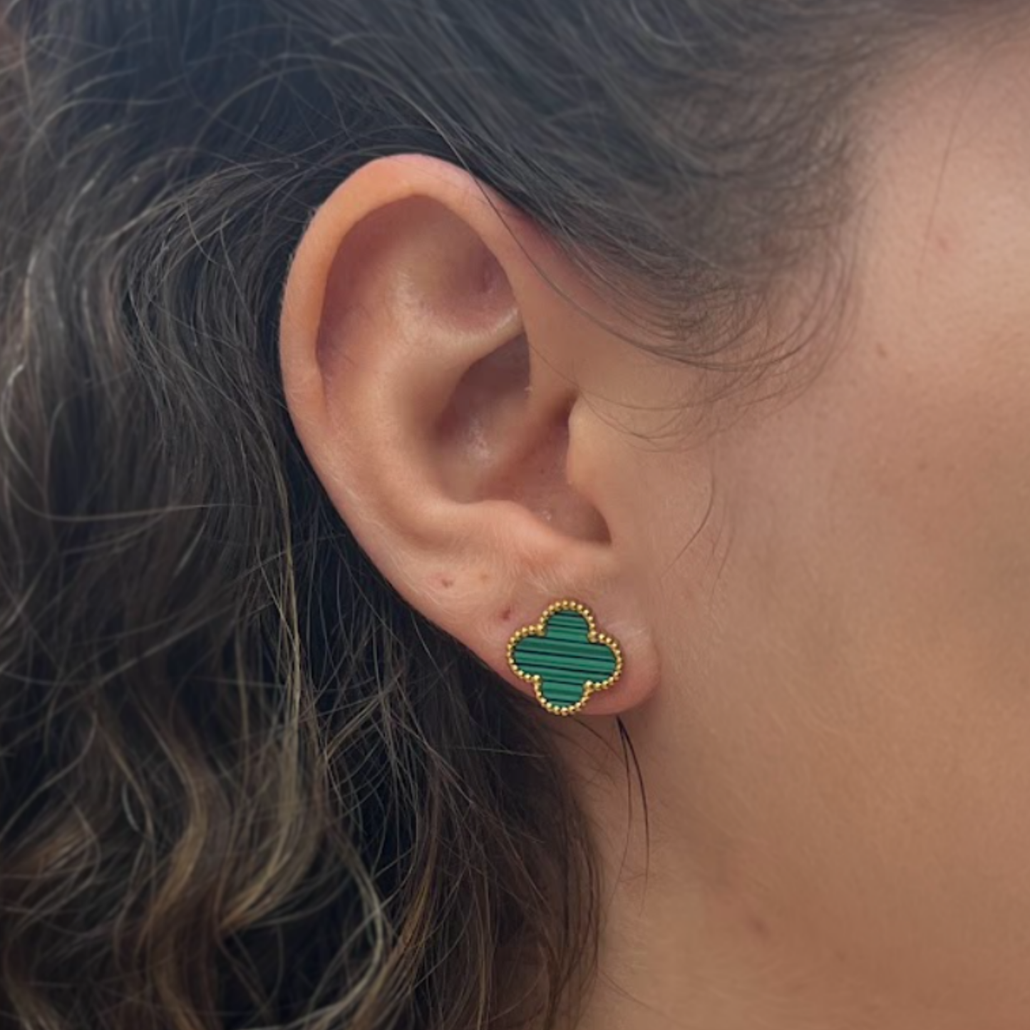 Green Four Leaf Clover Stud Earrings, 18K Gold Plated