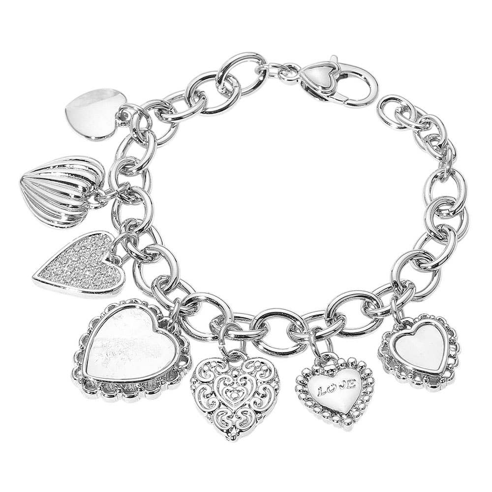 14K Gold Plated CZ Mother of Pearl Heart Charm Bracelet