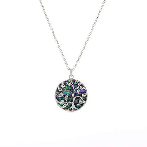 Natural Paua Shell Tree of Life Necklace, Rhodium Plated