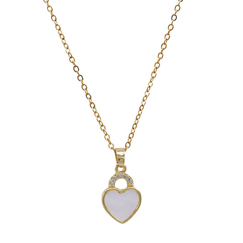 Stainless Steel CZ Stone Accent Mother of Pearl Heart Pendant Necklace
