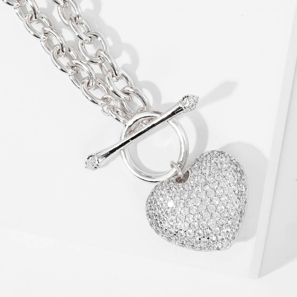 Gold Dipped CZ Pave Heart Pendant Toggle Necklace