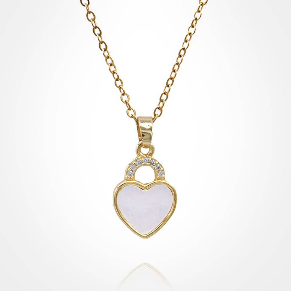 Stainless Steel CZ Stone Accent Mother of Pearl Heart Pendant Necklace