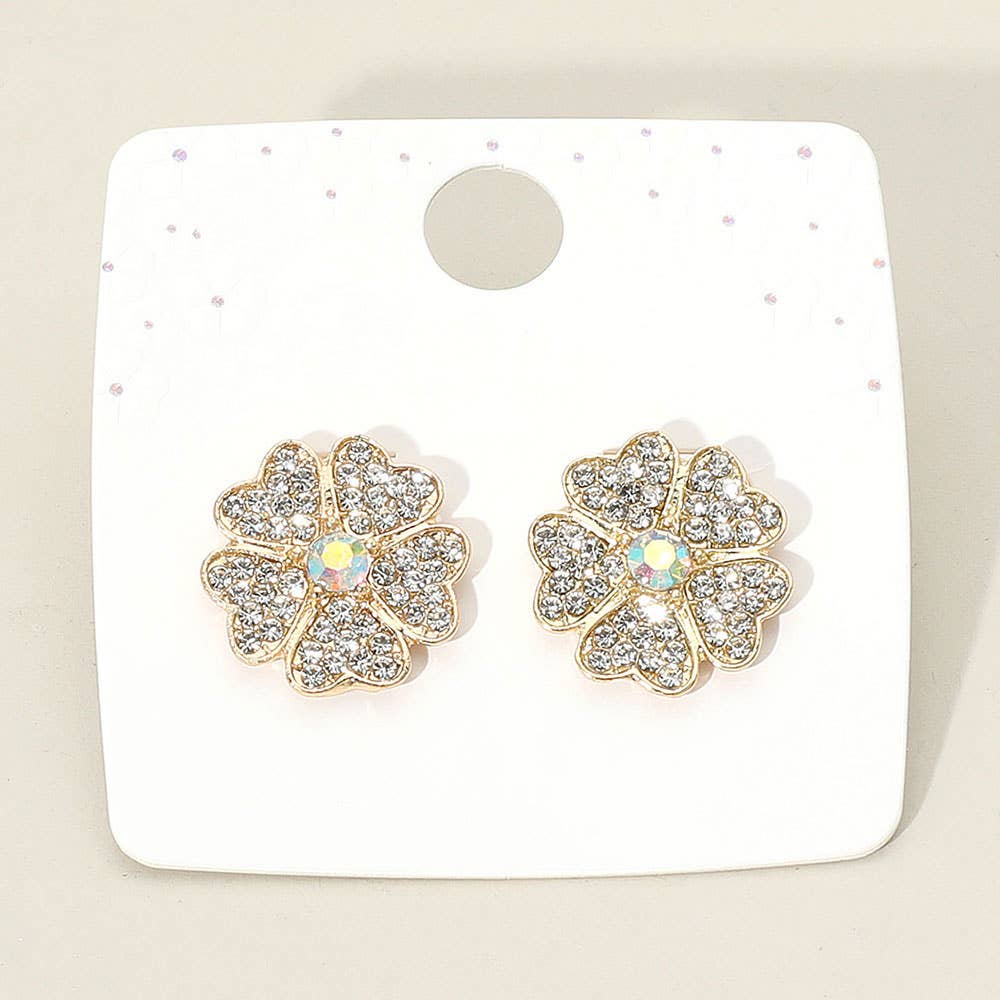 12Pairs - Rhinestone Paved Flower Stud Earrings