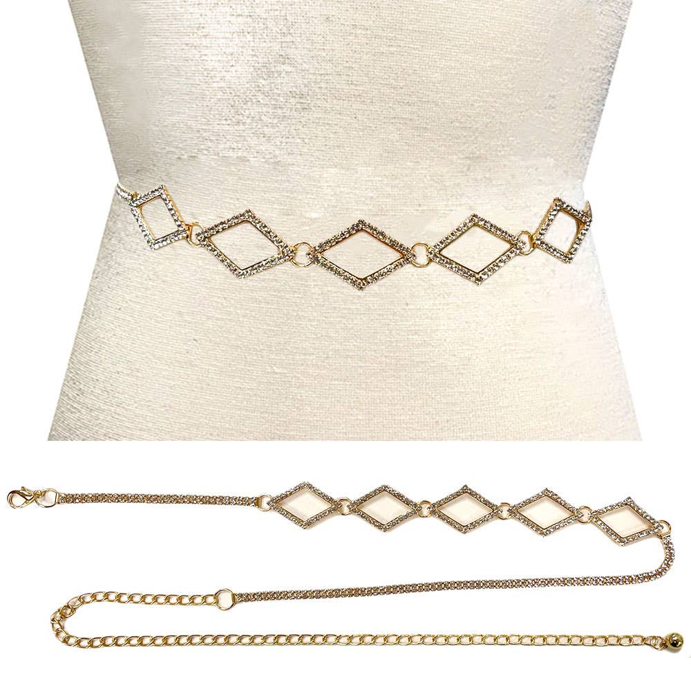 Stone Paved Open Diamond Link Pointed Rhinestone Chain Waist Belt