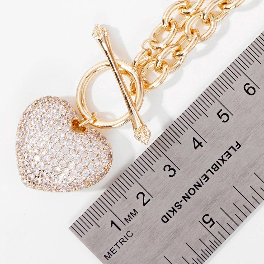 Gold Dipped CZ Pave Heart Pendant Toggle Necklace
