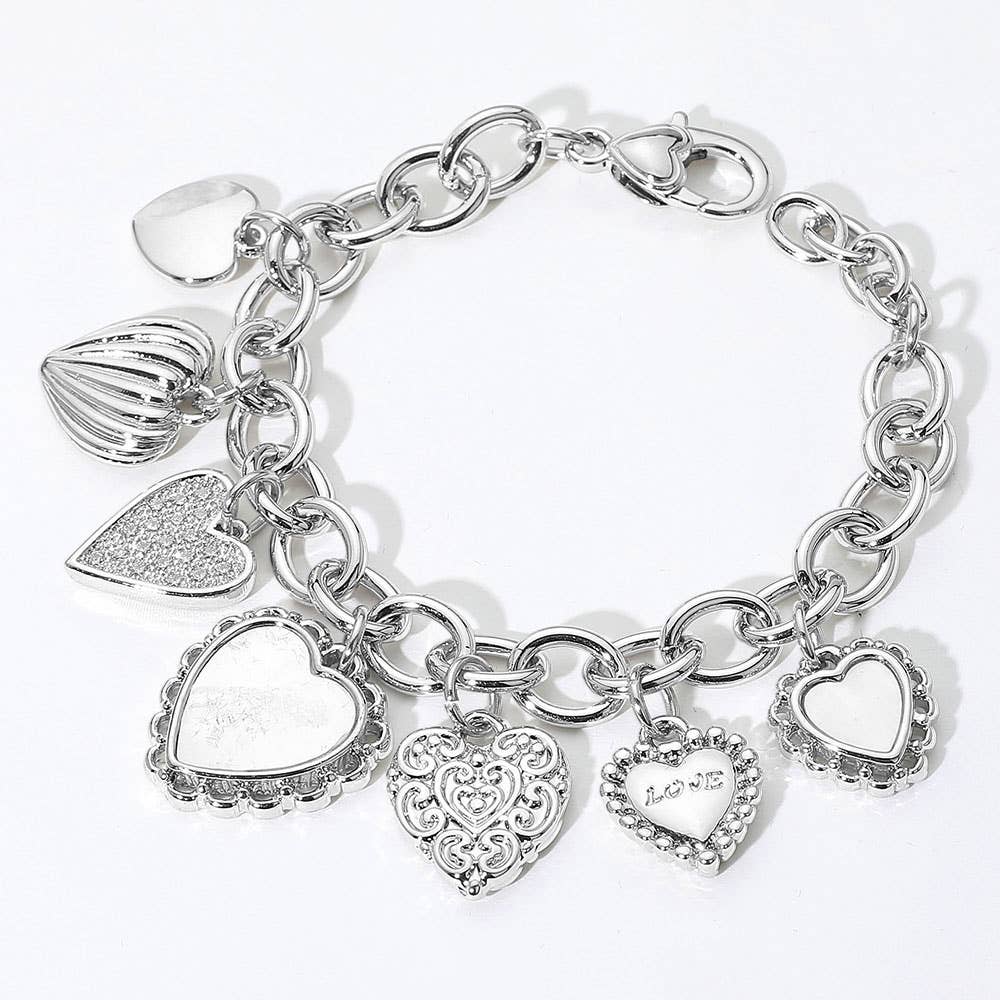 14K Gold Plated CZ Mother of Pearl Heart Charm Bracelet