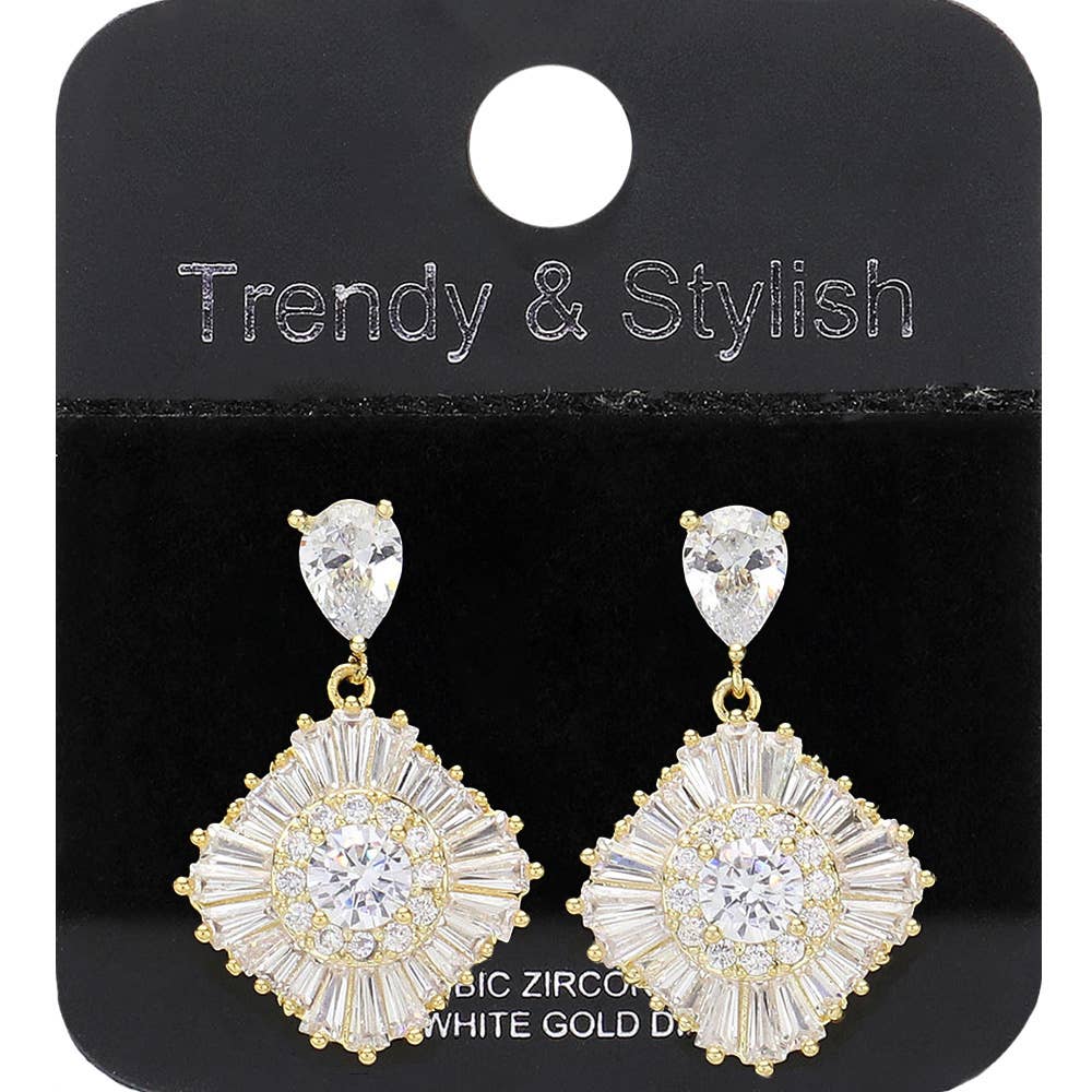 Gold Dipped CZ Stone Embellished Dangle Evening Earrings