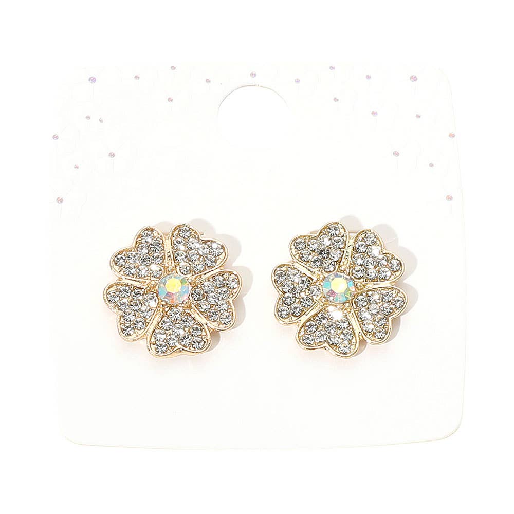 12Pairs - Rhinestone Paved Flower Stud Earrings