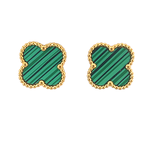 Green Four Leaf Clover Stud Earrings, 18K Gold Plated