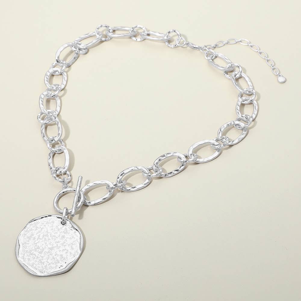 Textured Disc Pendant Chunky Link Chain Necklace