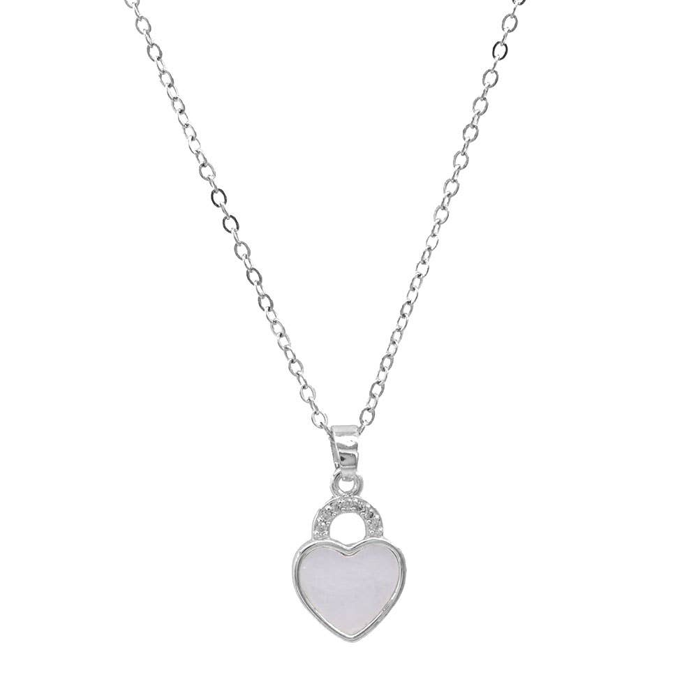 Stainless Steel CZ Stone Accent Mother of Pearl Heart Pendant Necklace
