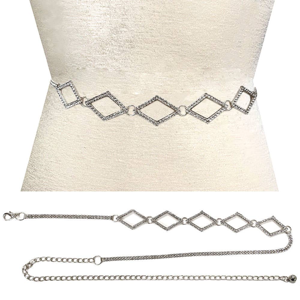 Stone Paved Open Diamond Link Pointed Rhinestone Chain Waist Belt