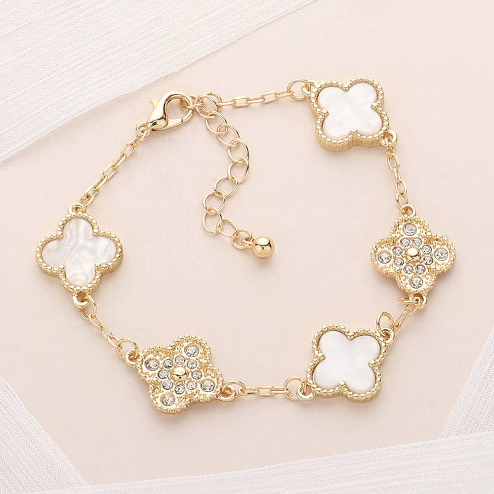Stone Paved Natural Stone Quatrefoil Link Bracelet
