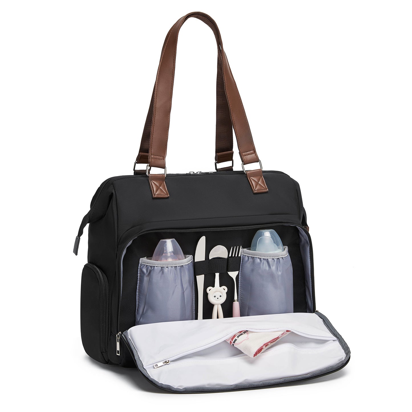 BCK2503 - Kono Large Nappy Changing Tote Bag with Shoe Compartment, Insulated Pockets & Waterproof Zip Pocket - Black