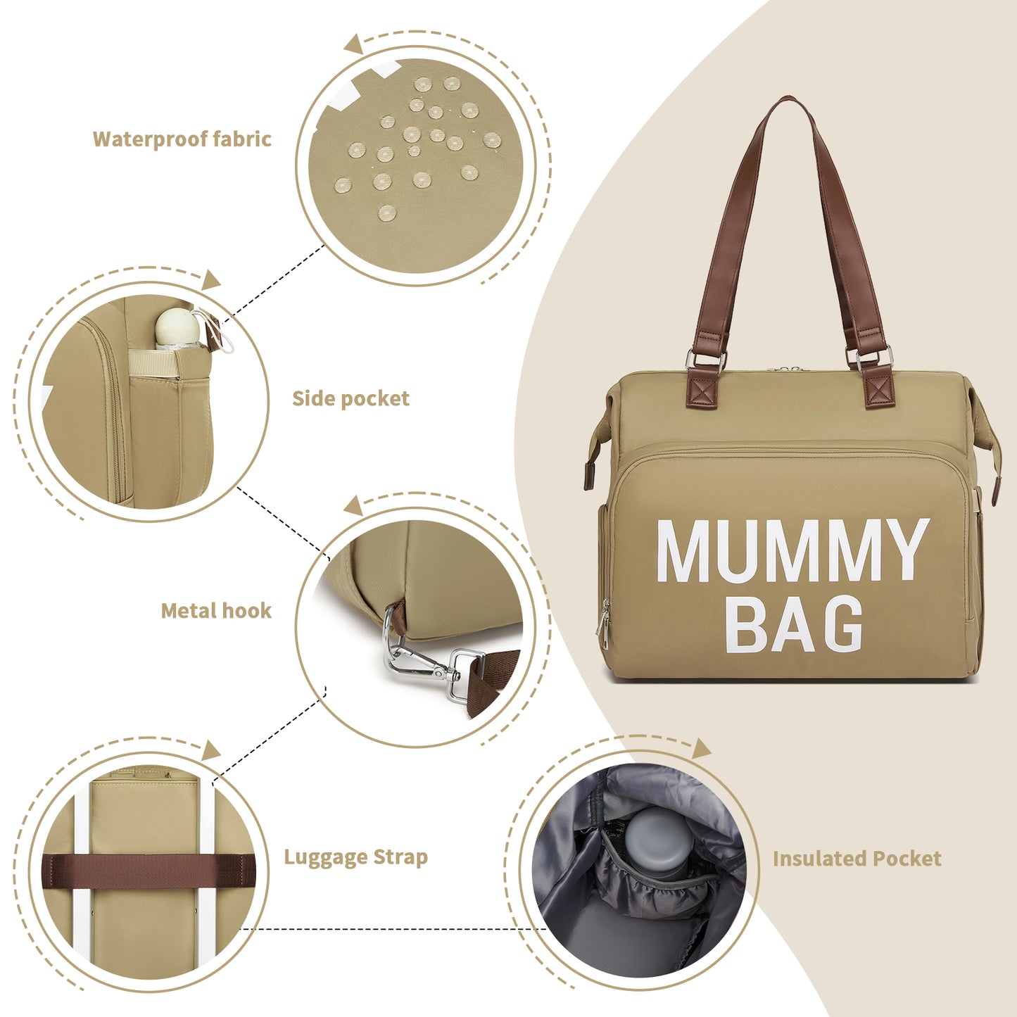 BCK2503 - Kono Large Nappy Changing Tote Bag with Shoe Compartment, Insulated Pockets & Waterproof Zip Pocket - Khaki