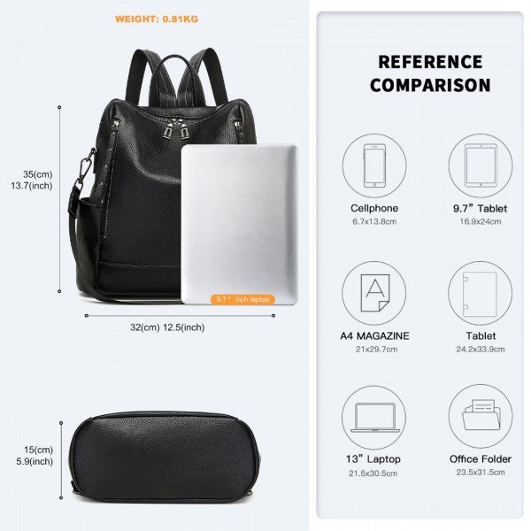 BPM2438 - Miss Lulu Women's Convertible PU Leather Backpack & Shoulder Bag – Versatile 2-in-1 Design - Black