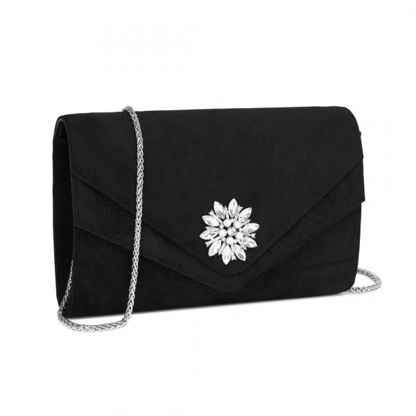 CLM2458 - Miss Lulu Elegant Faux Suede Evening Clutch with Crystal Flower & Detachable Chain Strap - Black