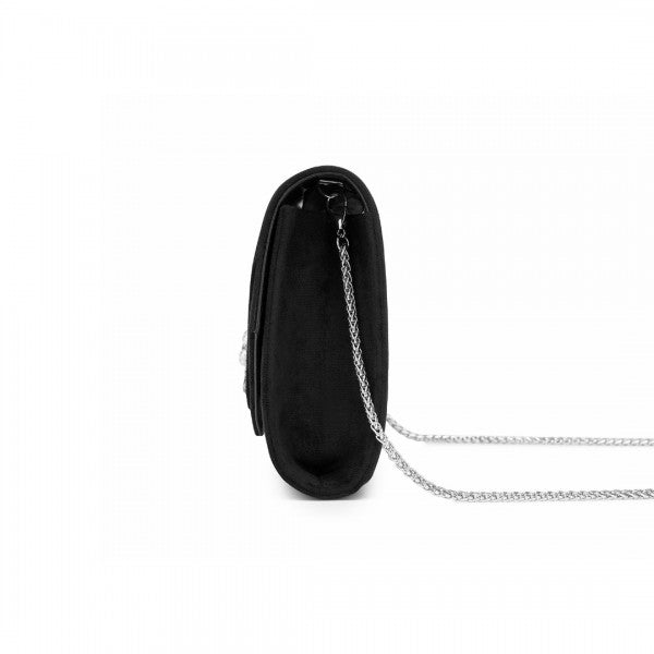 CLM2458 - Miss Lulu Elegant Faux Suede Evening Clutch with Crystal Flower & Detachable Chain Strap - Black