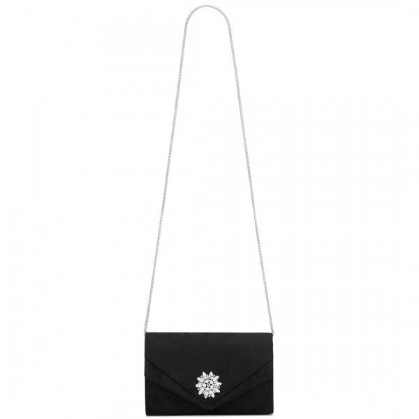 CLM2458 - Miss Lulu Elegant Faux Suede Evening Clutch with Crystal Flower & Detachable Chain Strap - Black
