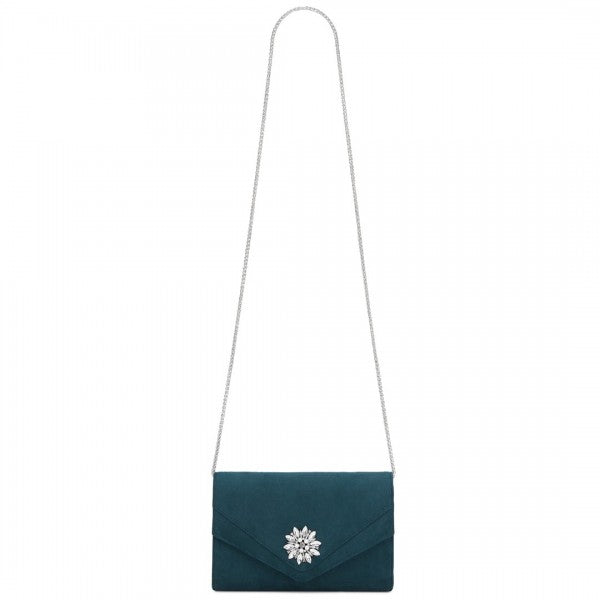 CLM2458 - Miss Lulu Elegant Faux Suede Evening Clutch with Crystal Flower & Detachable Chain Strap - Black