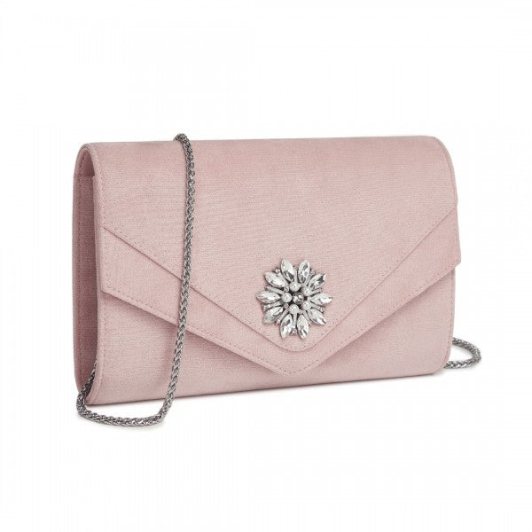 CLM2458 - Miss Lulu Elegant Faux Suede Evening Clutch with Crystal Flower & Detachable Chain Strap - Black