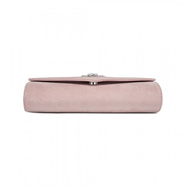 CLM2458 - Miss Lulu Elegant Faux Suede Evening Clutch with Crystal Flower & Detachable Chain Strap - Black