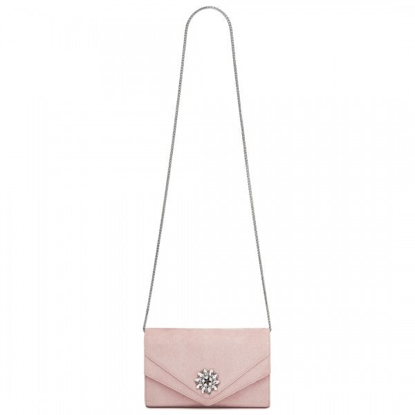 CLM2458 - Miss Lulu Elegant Faux Suede Evening Clutch with Crystal Flower & Detachable Chain Strap - Black