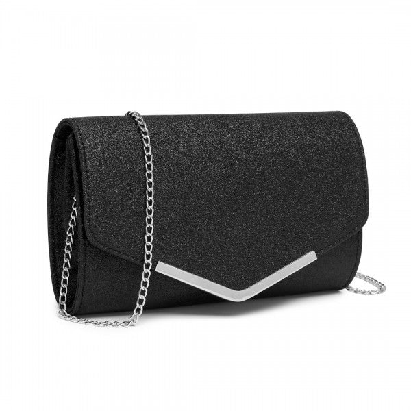 CLM2459 - Miss Lulu Women's Glitter Envelope Clutch with V-Metal Trim & Detachable Chain Strap - Gold