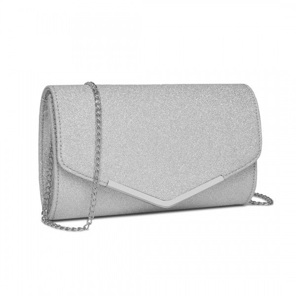 CLM2459 - Miss Lulu Women's Glitter Envelope Clutch with V-Metal Trim & Detachable Chain Strap - Gold