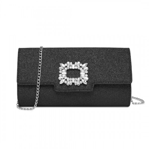 CLM2461 - Miss Lulu Glitter Evening Clutch with Crystal Embellishment & Detachable Chain Strap - Elegant Crossbody or Handheld Bag