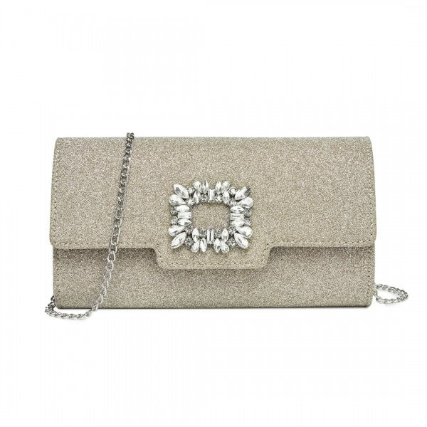 CLM2461 - Miss Lulu Glitter Evening Clutch with Crystal Embellishment & Detachable Chain Strap - Elegant Crossbody or Handheld Bag