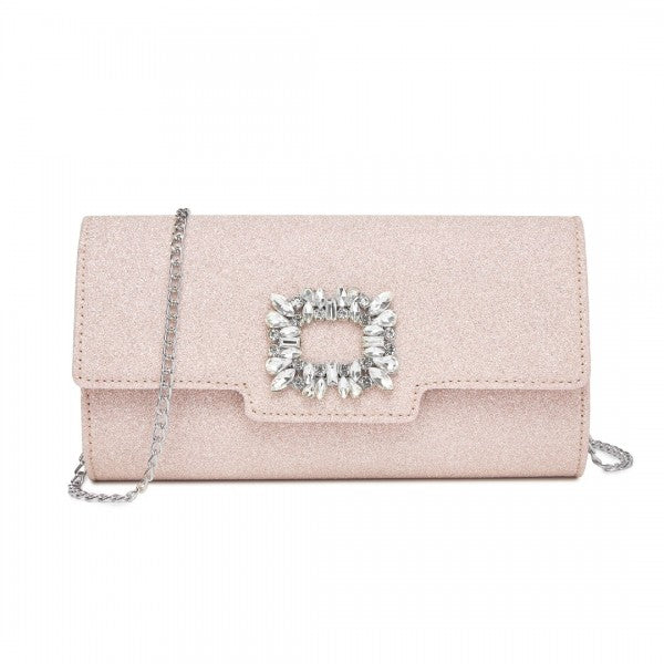 CLM2461 - Miss Lulu Glitter Evening Clutch with Crystal Embellishment & Detachable Chain Strap - Elegant Crossbody or Handheld Bag