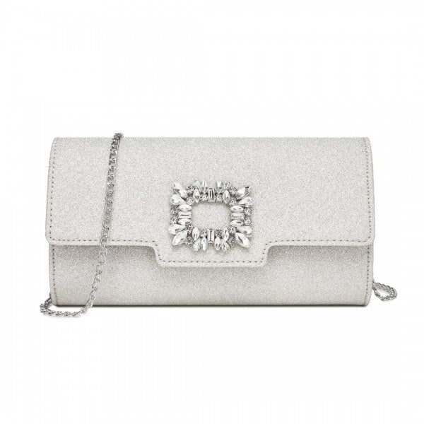 CLM2461 - Miss Lulu Glitter Evening Clutch with Crystal Embellishment & Detachable Chain Strap - Elegant Crossbody or Handheld Bag