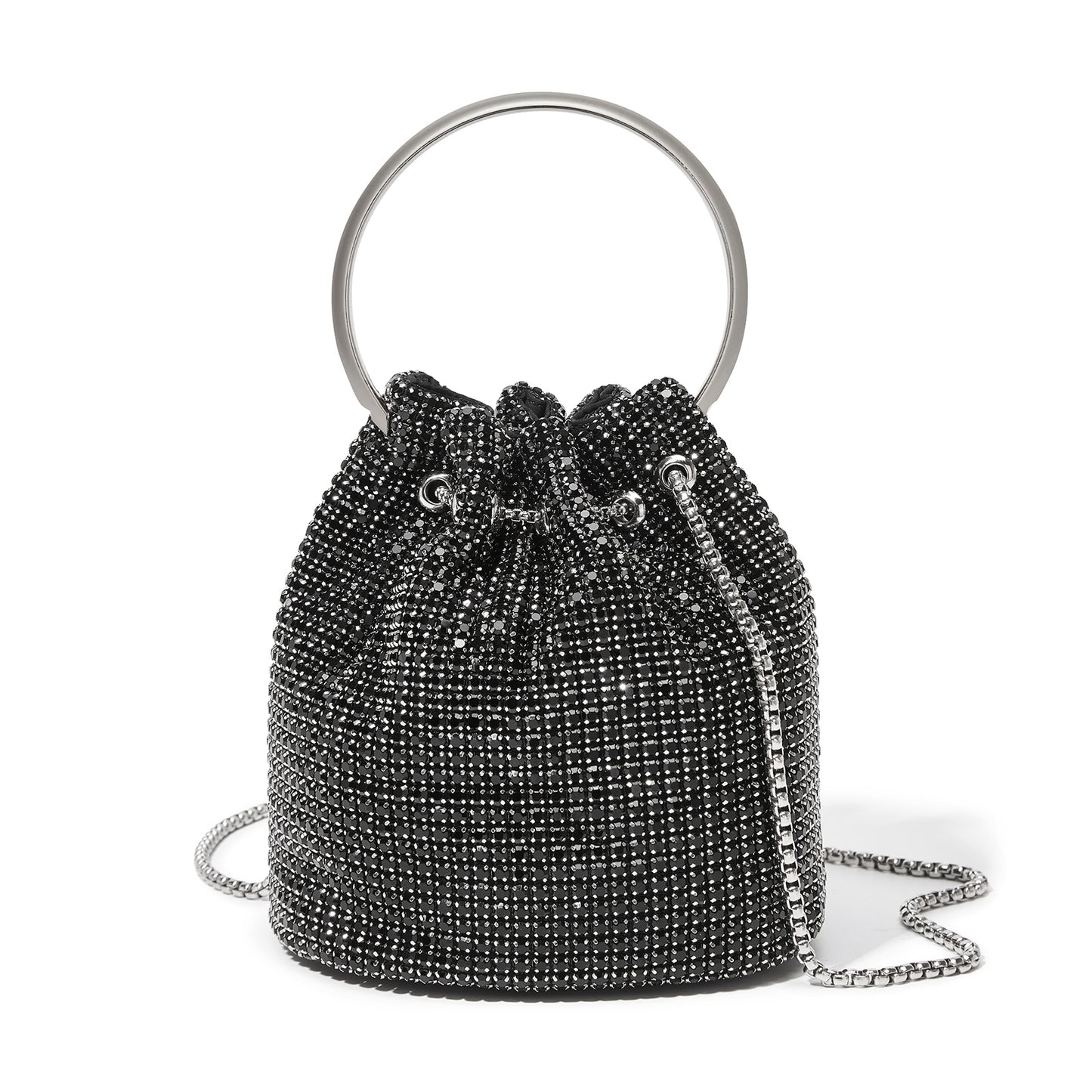 CLS2510 - Women's Rhinestone Evening Bag – Sparkly Handbag with Metal Ring Handle and Chain Crossbody Strap - Black