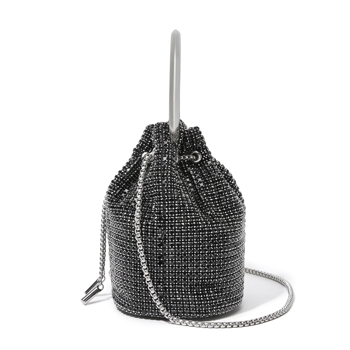 CLS2510 - Women's Rhinestone Evening Bag – Sparkly Handbag with Metal Ring Handle and Chain Crossbody Strap - Black