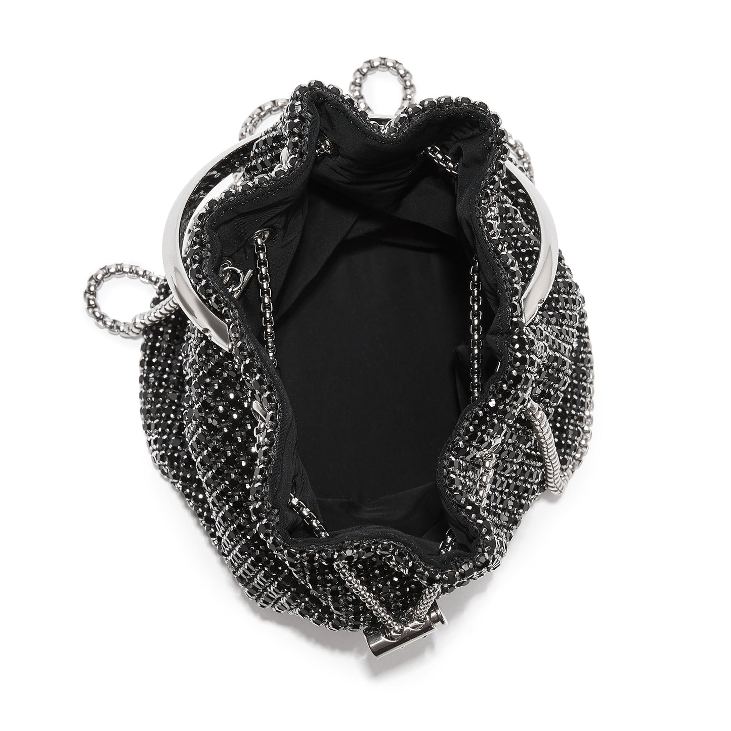 CLS2510 - Women's Rhinestone Evening Bag – Sparkly Handbag with Metal Ring Handle and Chain Crossbody Strap - Black
