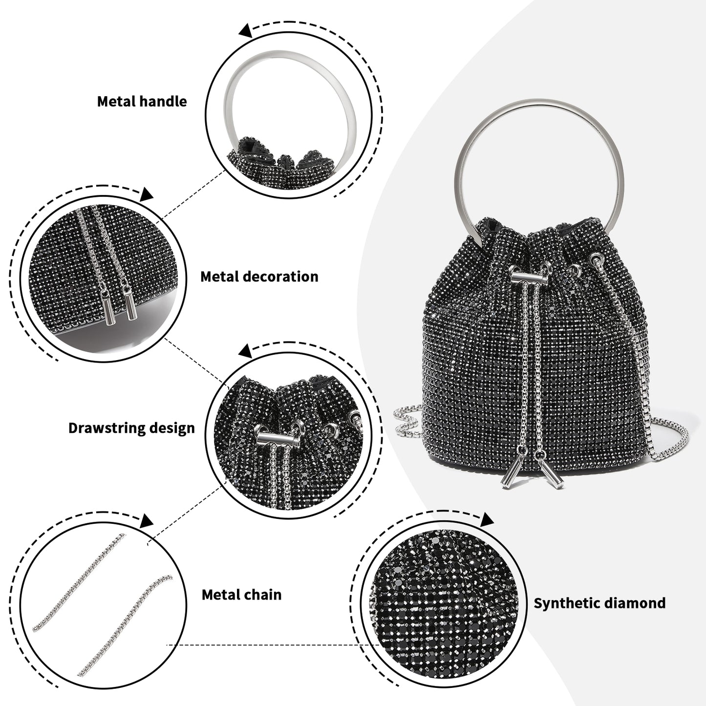 CLS2510 - Women's Rhinestone Evening Bag – Sparkly Handbag with Metal Ring Handle and Chain Crossbody Strap - Black