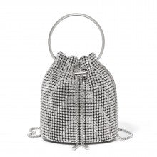 CLS2510 - Women's Rhinestone Evening Bag – Sparkly Handbag with Metal Ring Handle and Chain Crossbody Strap - Silver