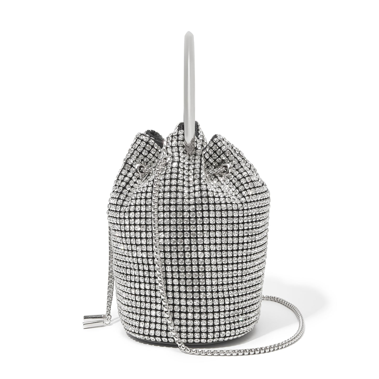 CLS2510 - Women's Rhinestone Evening Bag – Sparkly Handbag with Metal Ring Handle and Chain Crossbody Strap - Silver