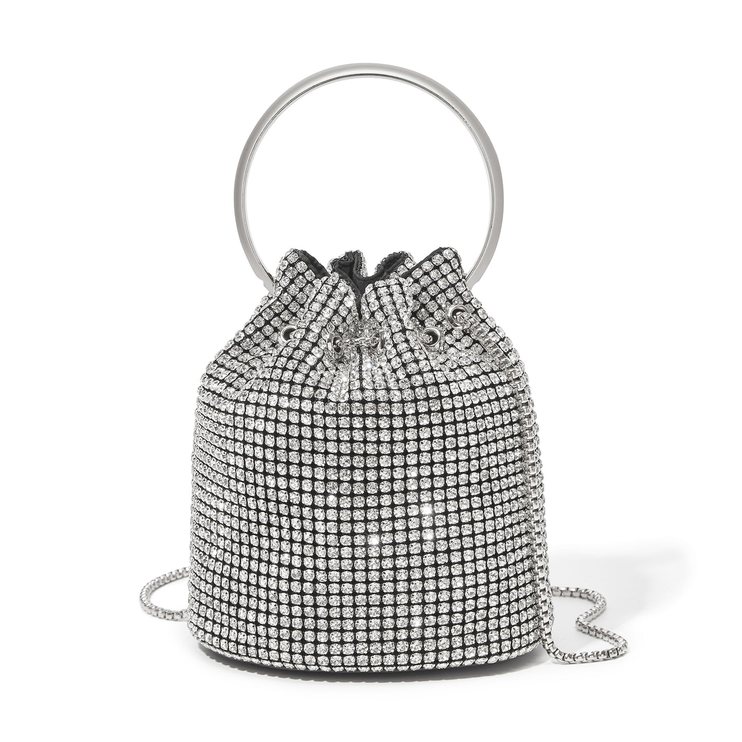 CLS2510 - Women's Rhinestone Evening Bag – Sparkly Handbag with Metal Ring Handle and Chain Crossbody Strap - Silver