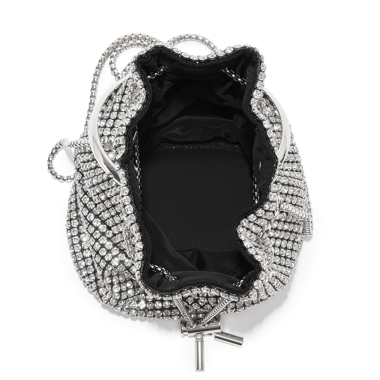 CLS2510 - Women's Rhinestone Evening Bag – Sparkly Handbag with Metal Ring Handle and Chain Crossbody Strap - Silver