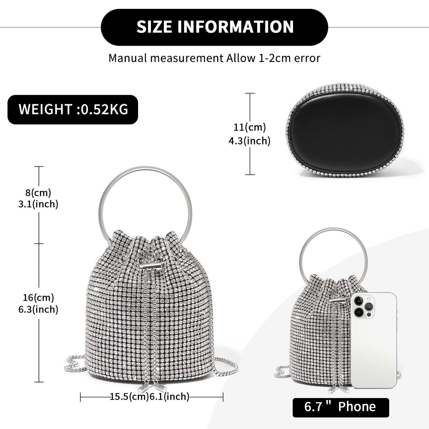 CLS2510 - Women's Rhinestone Evening Bag – Sparkly Handbag with Metal Ring Handle and Chain Crossbody Strap - Silver