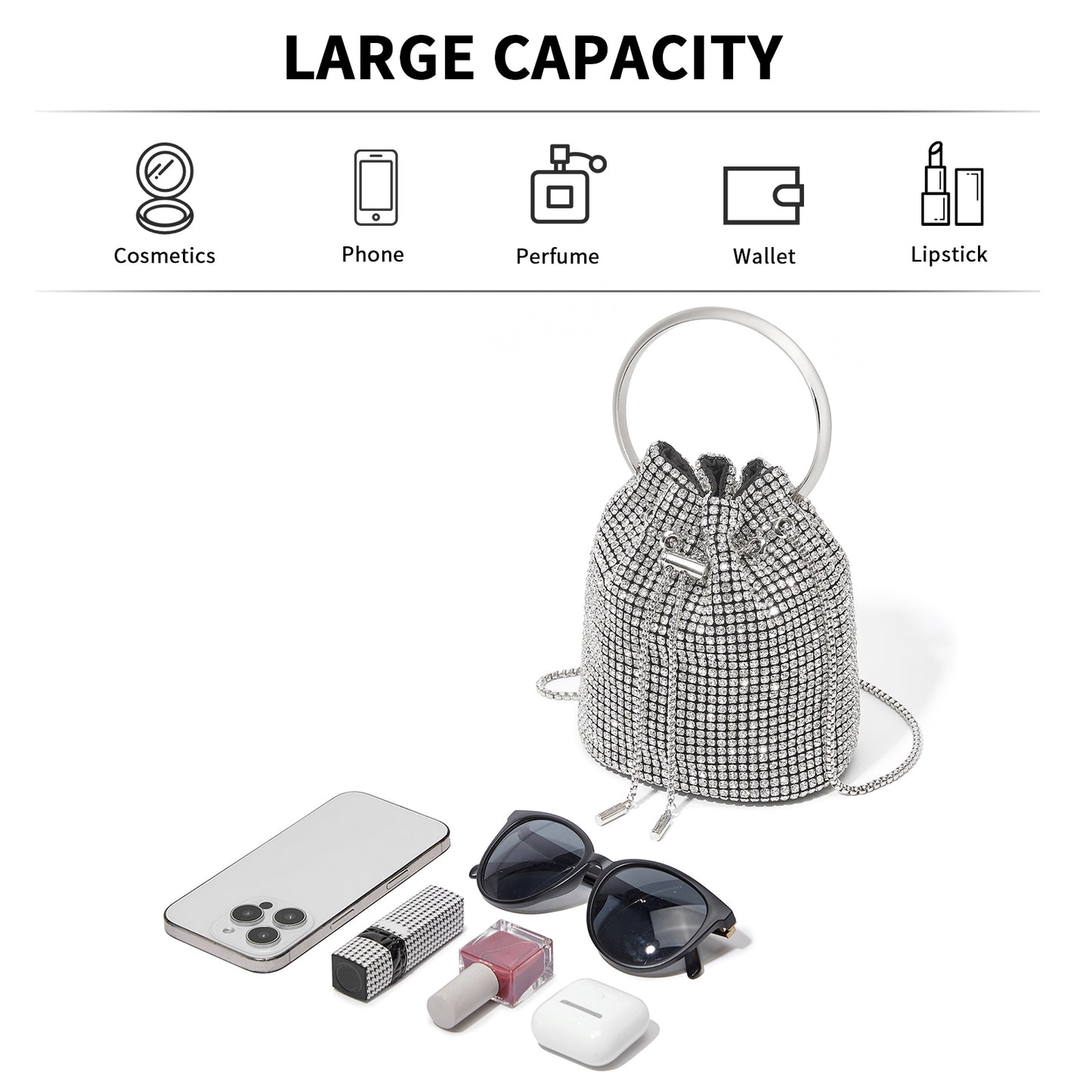 CLS2510 - Women's Rhinestone Evening Bag – Sparkly Handbag with Metal Ring Handle and Chain Crossbody Strap - Silver